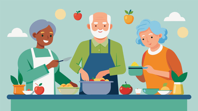 Seniors engaging in a cooking demonstration at a Healthy Aging conference learning new and healthy recipes to incorporate into their diet.. Vector illustration