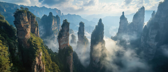 Breathtaking view of towering sandstone pillars rising through mist and clouds. Lush greenery clinging to the rocks enhances the dramatic landscape, enveloping the viewer in natures beauty.