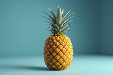 there is a pineapple sitting on a table with a blue background