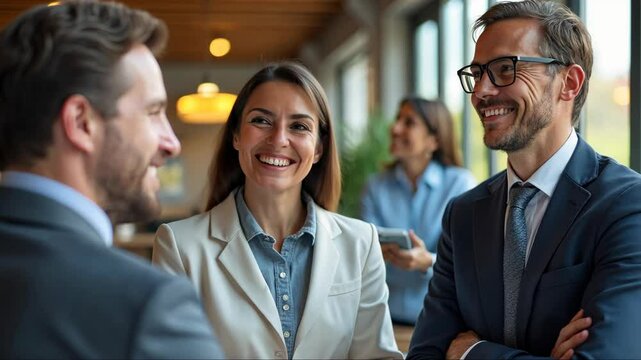 Three people are smiling and shaking hands in a business setting. The woman is wearing a white jacket and the man is wearing a blue jacket