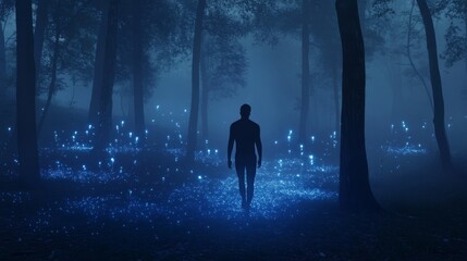 Fototapeta premium A mysterious figure walks through glowing forest.