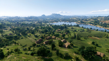 Fototapeta premium Scenic Aerial View of Lush Green Landscape with Water Body