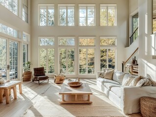 Large living room with many windows and natural sunlight beaming in