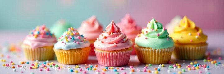 Pastel rainbow colored dessert display, with sprinkles , pastel colors, vlogging, colorful