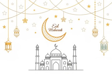Elegant Eid Mubarak Graphic with Mosque and Lanterns
