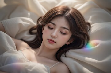 Fototapeta premium Serene Asian Woman Sleeping Peacefully in Bed with Soft White Sheets, High-Quality Stock Photo