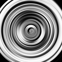 Black and white radial motion effect. Abstract rounded background. Grayscale curves and sphere.