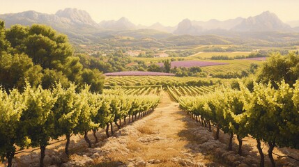 Obraz premium Vineyard rows, sunlit valley, lavender fields, mountain backdrop, Provence