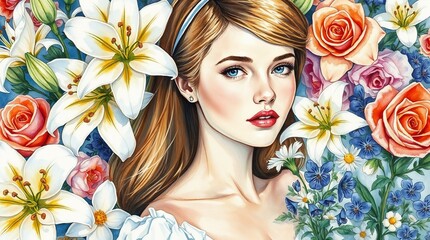 Naklejka premium Close-Up Portrait of a Young Woman Among Vibrant Flowers in Soft Natural Light