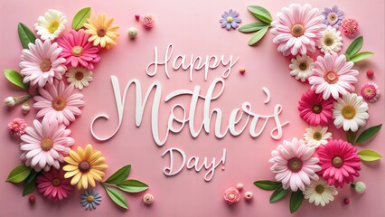 Happy Mother's Day with floral accents on a solid pink background