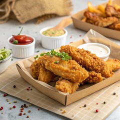 some fried chicken tenders on a cardboard paper, photopgraphy from front perespective