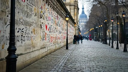 A vibrant love wall in a Parisian square with global languages