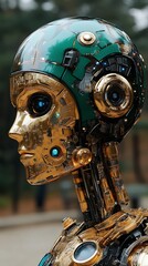Fototapeta premium Gold robot head outdoors, blurred trees behind