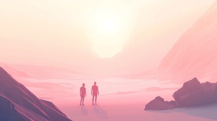 A serene landscape of two figures at sunset.