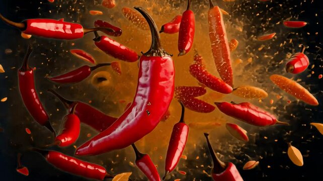 Vibrant red chili peppers floating transparent 4K video, alpha channel, ProRes 4444