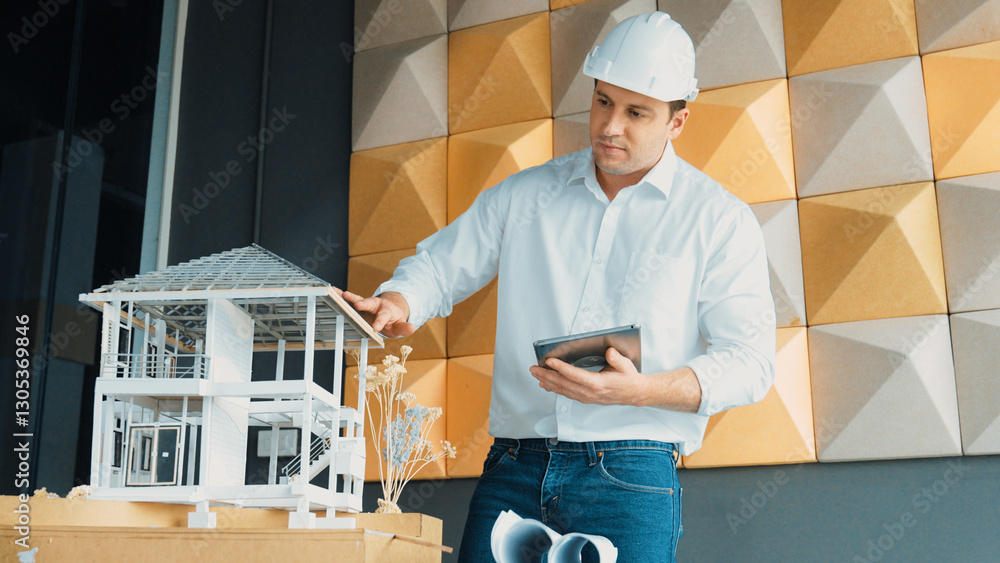 Aufkleber professional caucasian architect engineer using tablet analysis house construction and checking mode
