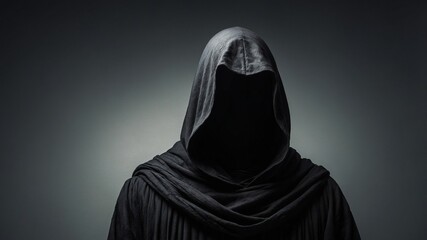 Enigmatic figure in charcoal hooded robe