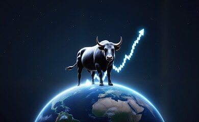 Naklejka premium Bull Symbolizing Strength and Growth on Globe with Rising Trend Line
