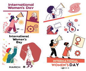Modern halftone collage for international women's day. March 8 concept. Banner template for International women's day, feminism, protest, gender equality. Vector illustration
