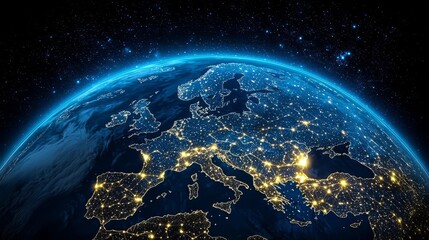 Obraz premium A stunning view of Earth from space, showcasing illuminated cities and natural landscapes.