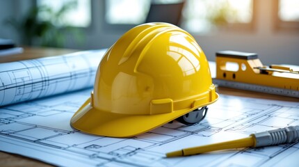 Yellow Hard Hat on Construction Blueprints