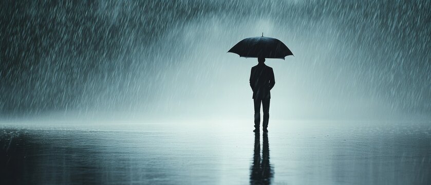 A silhouette of a man holding an umbrella, framed against cascading rain, captures a moment of solitude and reflection.