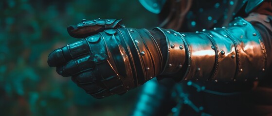 Close-up of intricately designed armored gloves, reflecting an aura of medieval chivalry and craftsmanship, set in a mysterious dim light.