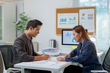 Young professionals collaborating, analyzing financial charts and discussing strategies while working on computer in contemporary corporate workspace