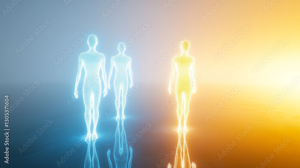 Poster abstract ethereal figures in glowing environments.