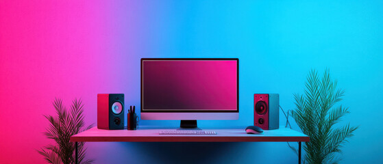 podcast studio concept, modern podcast studio with soft blue and pink lighting, featuring computer