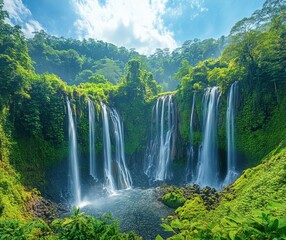 Fototapeta premium Majestic Waterfalls Cascading Down Lush Green Mountains Under Bright Blue Sky with Dramatic Clouds and Serenity of Nature's Beauty