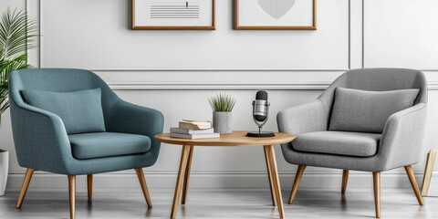 podcast studio concept, Cozy podcast corner with dynamic microphone and stylish chairs