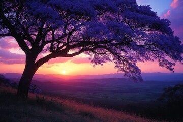 Jacaranda tree silhouette at sunset with purple blooms