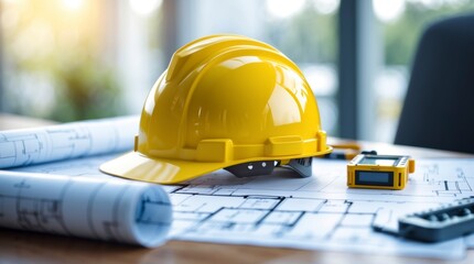 Yellow Hard Hat on Construction Blueprints