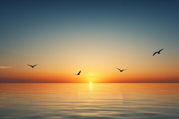 there are three birds flying over the water at sunset