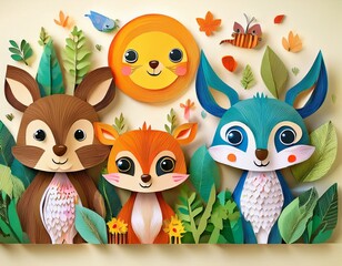 Fototapeta premium Colorido dibujo de dibujos animados con animales del bosque lindos y caras soleadas en un fondo ligero