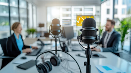 podcast studio concept, Podcast setup with two hosts in modern office, engaging discussion