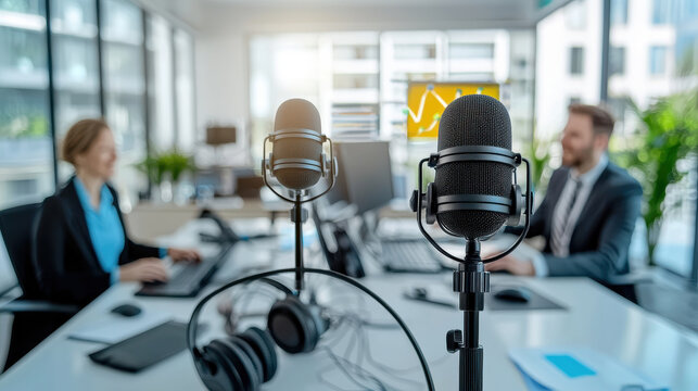podcast studio concept, Podcast setup with two hosts in modern office, engaging discussion