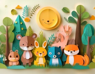 Fototapeta premium Colorido dibujo de dibujos animados con animales del bosque lindos y caras soleadas en un fondo ligero