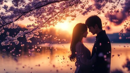Couple embraces under cherry blossoms at sunset
