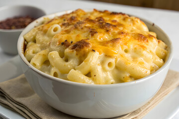 Creamy macroni in a Bowl with Golden Cheese Melt