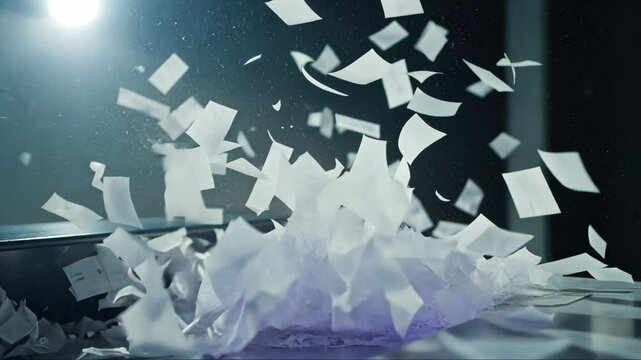 Pile of shredded paper is falling out of a trash can. Concept of waste and destruction, as the paper is being torn apart and discarded