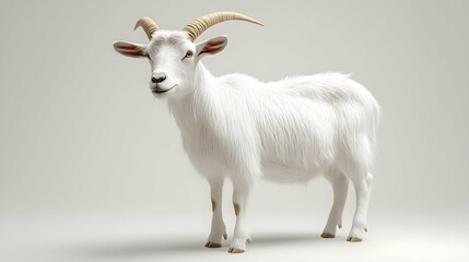 Obraz premium Majestic White Goat Portrait: A pristine white goat stands proudly, its curved horns adding a touch of regality, captured in stunning detail.