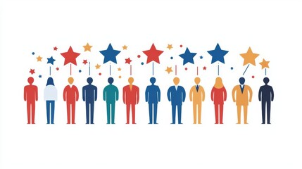 A diverse group of people with colorful stars representing ideas, teamwork, and collaboration in a modern style.