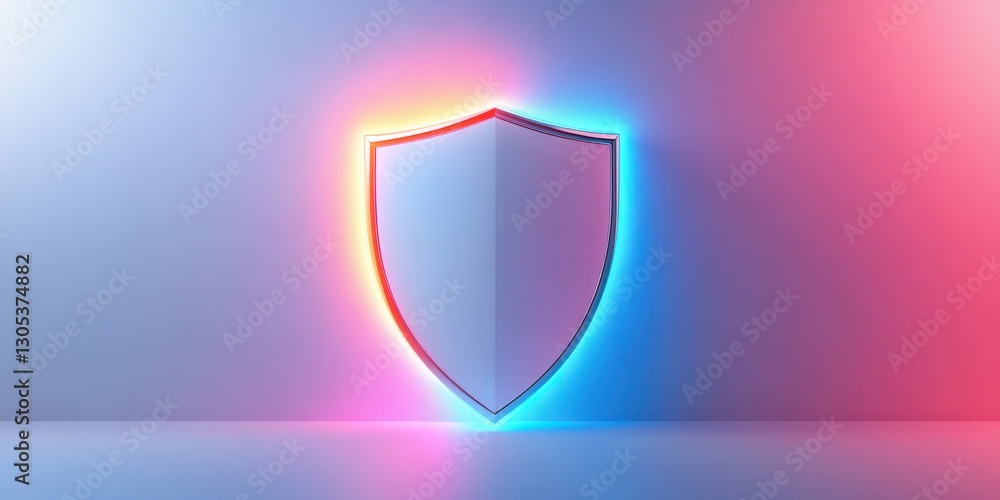Poster minimalist shield design with neon glow effects in a modern abstract background representing protect