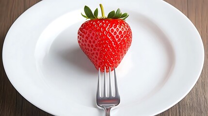 Strawberry on fork/plate, wooden backdrop. Healthy eating concept, dieting, food blog use