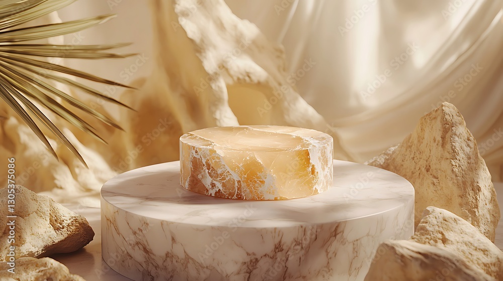 Aufkleber product display on a marble platform with a neutral, soft-focus background