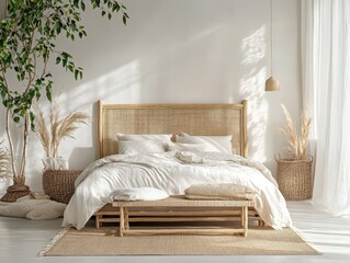 A cozy and stylish bedroom interior with natural light and decor