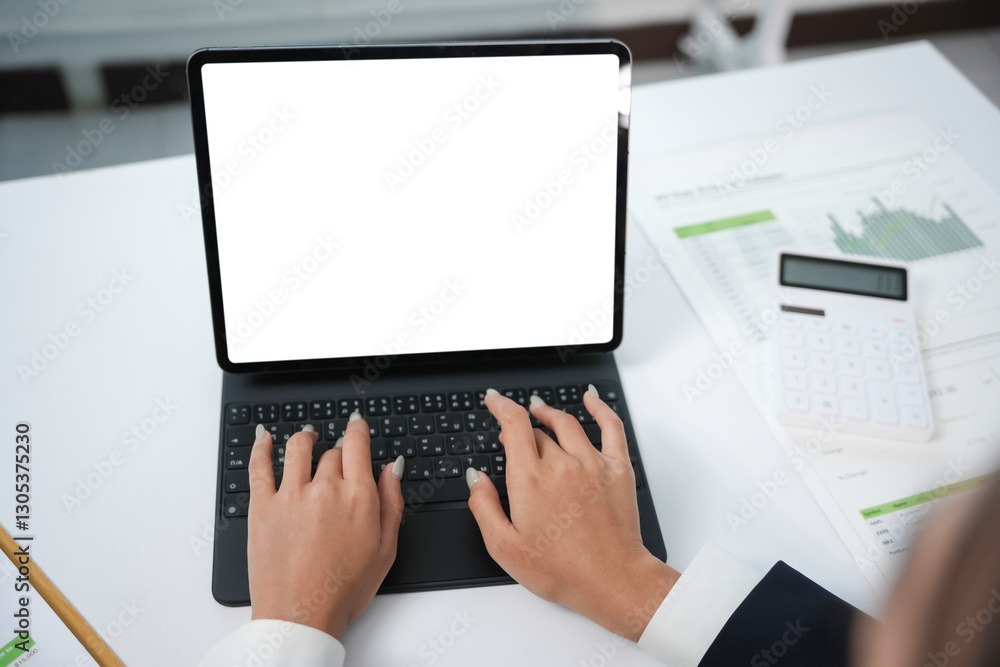 Poster professional analyzing digital tablet with empty display, working on marketing report at minimalist 