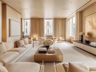 A modern and spacious living room with soft cream colored furniture